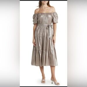 NWT Melloday Nordstrom Square Neck Puff Sleeve Tiered Simmer Metallic Dress,S